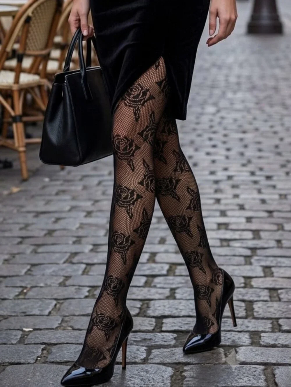 NWT Marilyn Monroe Openwork Tights Black Floral Rose Lace Mesh - Queen Size